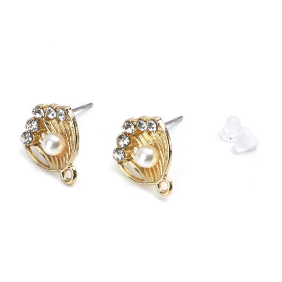 Picture of Zinc Based Alloy Ear Post Stud Earrings Findings Shell Gold Plated W/ Loop Clear Rhinestone 15mm x 13mm, Post/ Wire Size: (21 gauge), 6 PCs