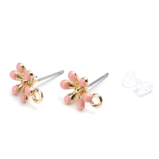 Picture of Zinc Based Alloy Ear Post Stud Earrings Findings Flower Gold Plated Peach Pink W/ Loop 13mm x 9mm, Post/ Wire Size: (21 gauge), 10 PCs