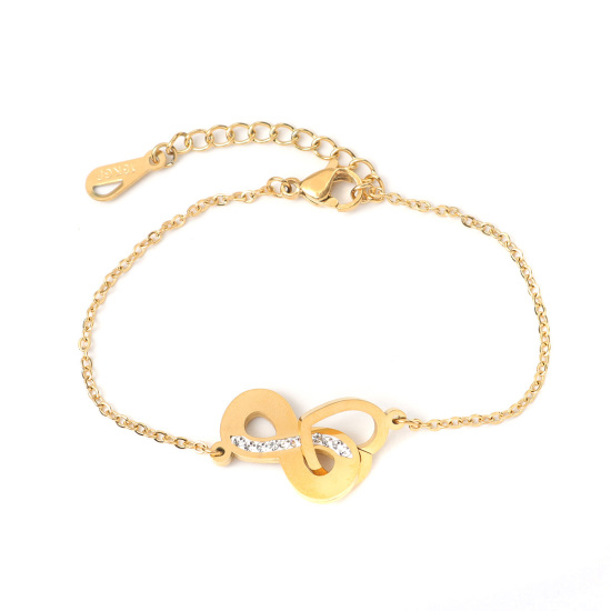 Image de Bracelets en Acier Inoxydable Doré Cœur Symbole"Infini" Zircone Cubique Clair 16.5cm long, 1 Pièce