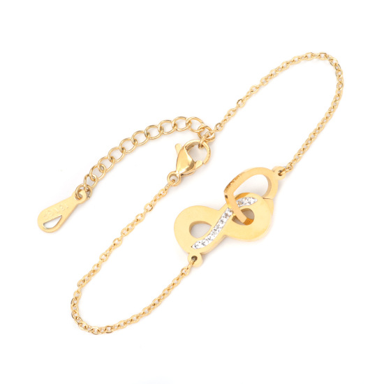 Image de Bracelets en Acier Inoxydable Doré Cœur Symbole"Infini" Zircone Cubique Clair 16.5cm long, 1 Pièce