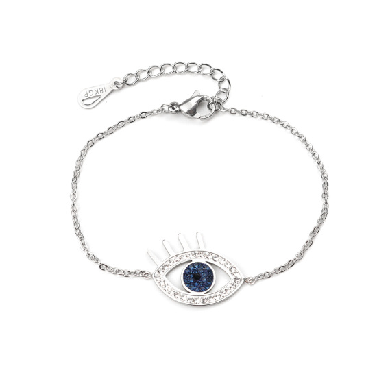 Imagen de Acero Inoxidable Pulseras Tono de Plata Ojo Negro Circón Artificial Hueco 16.5cm longitud, 1 Unidad