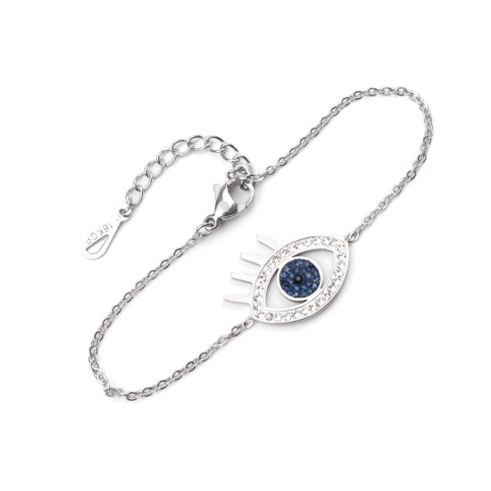Imagen de Acero Inoxidable Pulseras Tono de Plata Ojo Negro Circón Artificial Hueco 16.5cm longitud, 1 Unidad