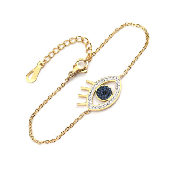 Imagen de Acero Inoxidable Pulseras Tono de Plata Ojo Negro Circón Artificial Hueco 16.5cm longitud, 1 Unidad