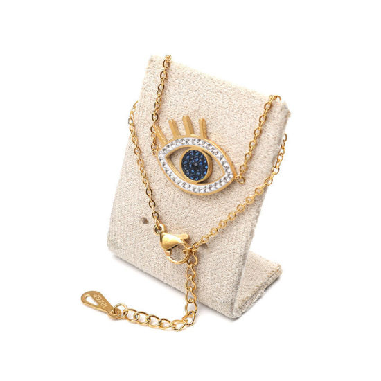 Imagen de Acero Inoxidable Pulseras Tono de Plata Ojo Negro Circón Artificial Hueco 16.5cm longitud, 1 Unidad