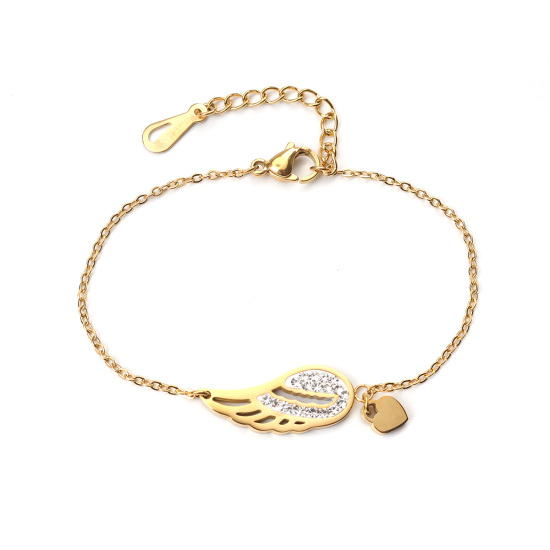 Imagen de Acero Inoxidable Pulseras Chapado en Oro Corazón Ala Claro Circón Artificial 16.5cm longitud, 1 Unidad