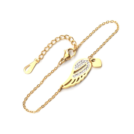 Imagen de Acero Inoxidable Pulseras Chapado en Oro Corazón Ala Claro Circón Artificial 16.5cm longitud, 1 Unidad