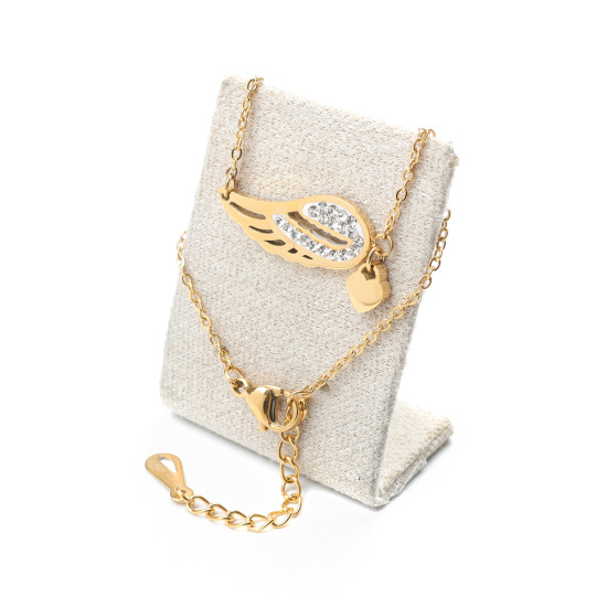 Imagen de Acero Inoxidable Pulseras Chapado en Oro Corazón Ala Claro Circón Artificial 16.5cm longitud, 1 Unidad