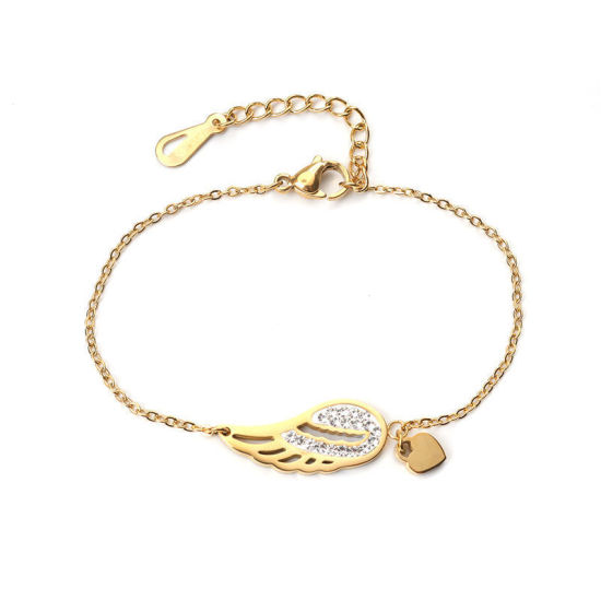 Imagen de Acero Inoxidable Pulseras Chapado en Oro Corazón Ala Claro Circón Artificial 16.5cm longitud, 1 Unidad