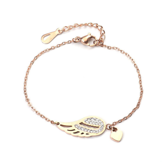 Imagen de Acero Inoxidable Pulseras Chapado en Oro Corazón Ala Claro Circón Artificial 16.5cm longitud, 1 Unidad