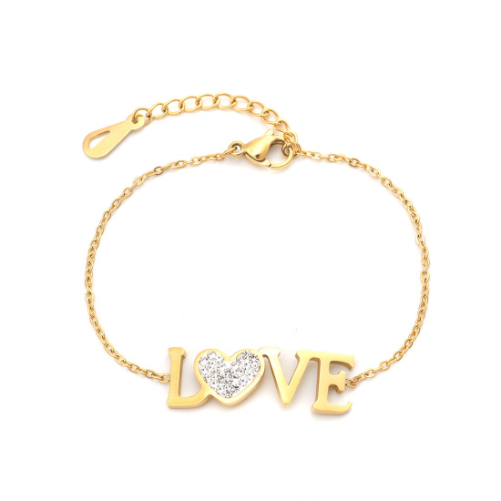 Picture of Stainless Steel Bracelets Gold Plated Love Symbol Clear Cubic Zirconia 16.5cm(6 4/8") long, 1 Piece