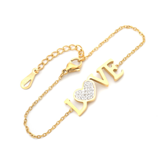 Picture of Stainless Steel Bracelets Gold Plated Love Symbol Clear Cubic Zirconia 16.5cm(6 4/8") long, 1 Piece