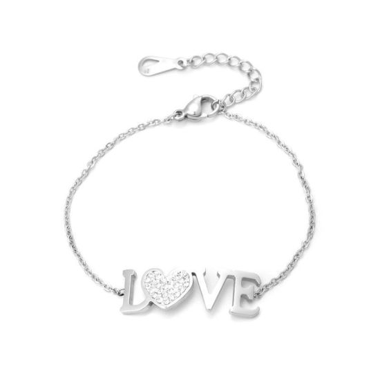Picture of Stainless Steel Bracelets Gold Plated Love Symbol Clear Cubic Zirconia 16.5cm(6 4/8") long, 1 Piece