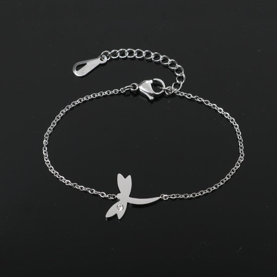 Image de Bracelets en Acier Inoxydable Argent Mat Libellule Zircone Cubique Clair 16.5cm long, 1 Pièce
