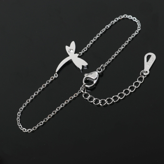 Image de Bracelets en Acier Inoxydable Argent Mat Libellule Zircone Cubique Clair 16.5cm long, 1 Pièce