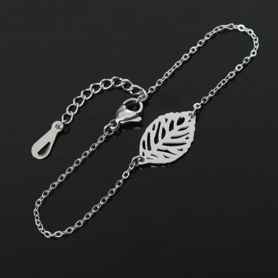 Imagen de Acero Inoxidable Pulseras Tono de Plata Hoja Hueco 16.5cm longitud, 1 Unidad