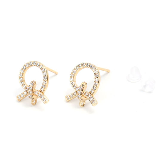 Picture of Brass Micro Pave Ear Post Stud Earrings 18K Real Gold Plated Knot W/ Loop Clear Rhinestone 13mm x 11mm, Post/ Wire Size: (20 gauge), 4 PCs                                                                                                                    