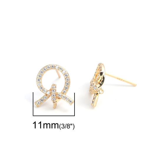 Immagine di Ottone Micro Intarsio Orecchini a Perno 18K Vero Oro Placcato Nodo W/ Loop Trasparente Strass 13mm x 11mm, Dimensione di Posta / Cavo: (20 misura), 4 Pz