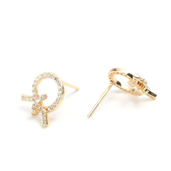 Immagine di Ottone Micro Intarsio Orecchini a Perno 18K Vero Oro Placcato Nodo W/ Loop Trasparente Strass 13mm x 11mm, Dimensione di Posta / Cavo: (20 misura), 4 Pz