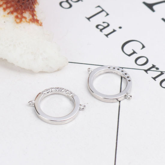 Picture of Brass Micro Pave Connectors Round 18K Real Platinum Plated Hollow Clear Rhinestone 14mm x 11mm, 2 PCs                                                                                                                                                         