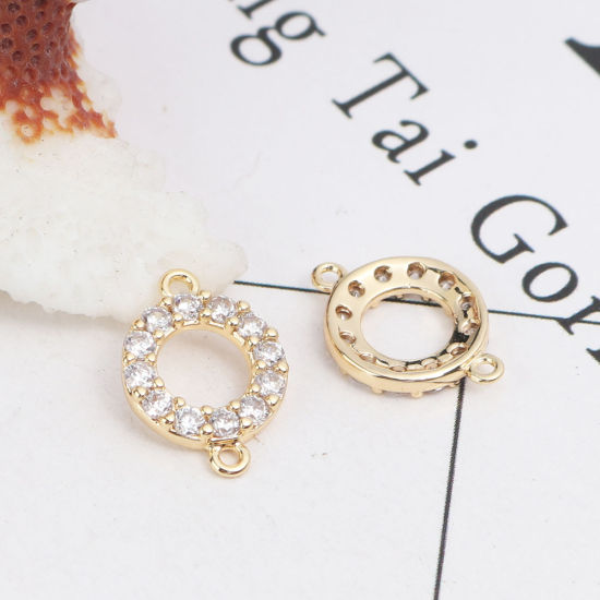 Picture of Brass Micro Pave Connectors Round 18K Real Gold Plated Hollow Clear Rhinestone 15mm x 10mm, 2 PCs                                                                                                                                                             