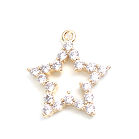 Image de Breloques en Laiton Etoile Plaqué Or Véritable 18K Creux à Strass Transparent 13mm x 12mm, 2 Pcs