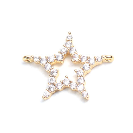 Image de Connecteurs en Laiton Etoile Plaqué Or Véritable 18K Creux à Strass Transparent 15mm x 12mm, 2 Pcs