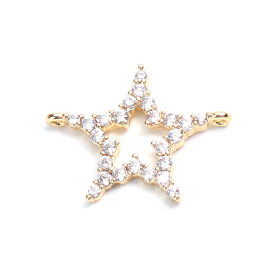 Immagine di Ottone Connettore Stella a Cinque Punte 18K Vero Oro Placcato Filigrana Trasparente Strass 15mm x 12mm, 2 Pz