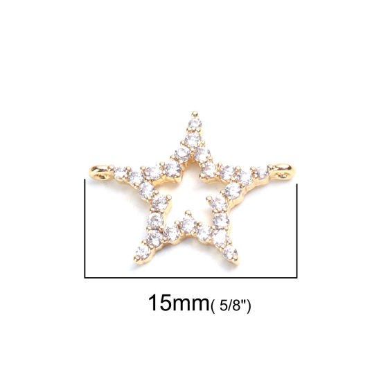 Immagine di Ottone Connettore Stella a Cinque Punte 18K Vero Oro Placcato Filigrana Trasparente Strass 15mm x 12mm, 2 Pz