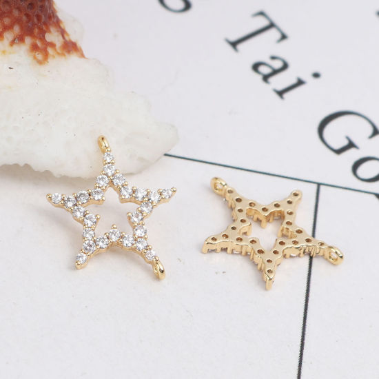 Immagine di Ottone Connettore Stella a Cinque Punte 18K Vero Oro Placcato Filigrana Trasparente Strass 15mm x 12mm, 2 Pz