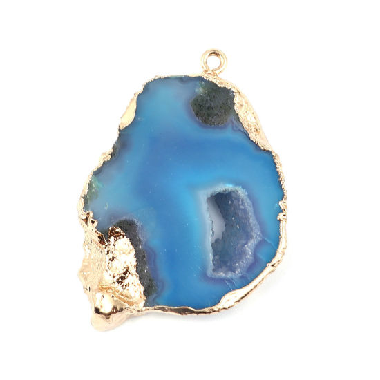 Picture of (Grade A) Agate ( Natural ) Pendants Irregular Gold Plated Blue 44mm x 31mm, 1 Piece