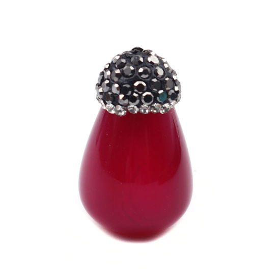Image de (Classement A) Perles en Agate ( Naturel ) Goutte d'Eau Fuchsia à Strass Noir & Transparent 24mm x 15mm, Trou: env. 1.8mm, 1 Pièce