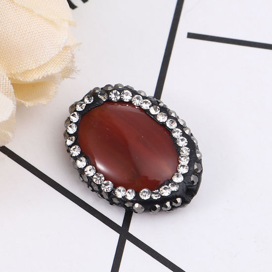 Picture of (Grade A) Agate ( Natural ) Beads Oval Orange-red Black & Clear Rhinestone About 21mm x 17mm, Hole: Approx 1.4mm, 1 Piece