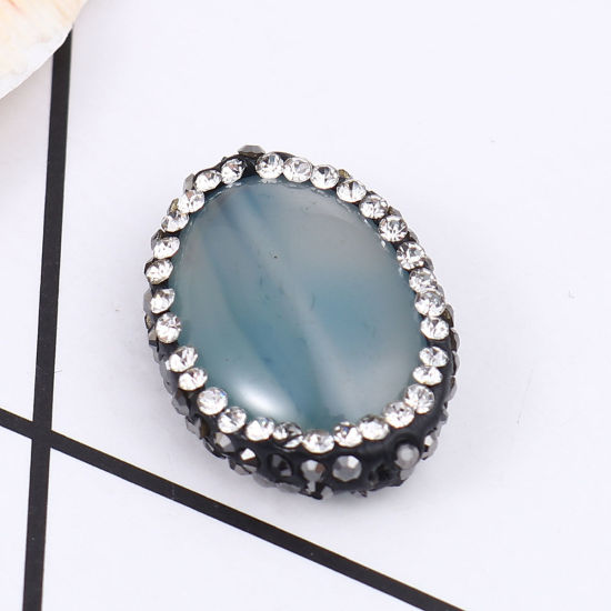Image de (Classement A) Perles en Agate ( Naturel ) Ovale Gris à Strass Noir & Transparent 21mm x 17mm, Trou: env. 1.4mm, 1 Pièce