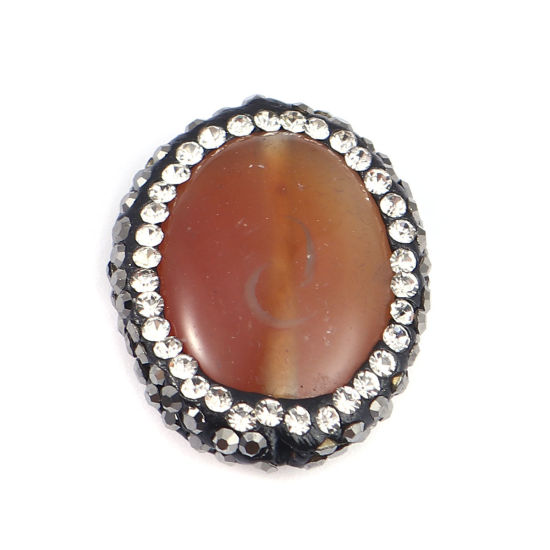 Image de (Classement A) Perles en Agate ( Naturel ) Ovale Brun à Strass Noir & Transparent 21mm x 17mm, Trou: env. 1.4mm, 1 Pièce