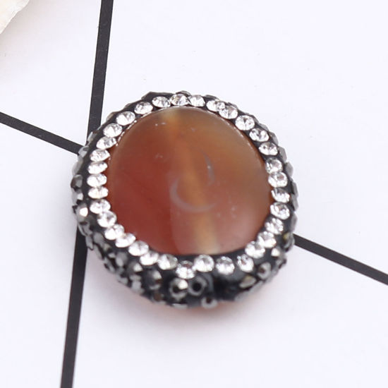 Image de (Classement A) Perles en Agate ( Naturel ) Ovale Brun à Strass Noir & Transparent 21mm x 17mm, Trou: env. 1.4mm, 1 Pièce