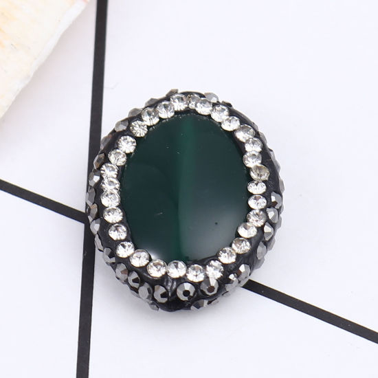 Image de (Classement A) Perles en Agate ( Naturel ) Ovale Vert à Strass Noir & Transparent 21mm x 17mm, Trou: env. 1.4mm, 1 Pièce