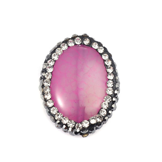 Image de (Classement A) Perles en Agate ( Naturel ) Ovale Fuchsia à Strass Noir & Transparent 21mm x 17mm, Trou: env. 1.4mm, 1 Pièce