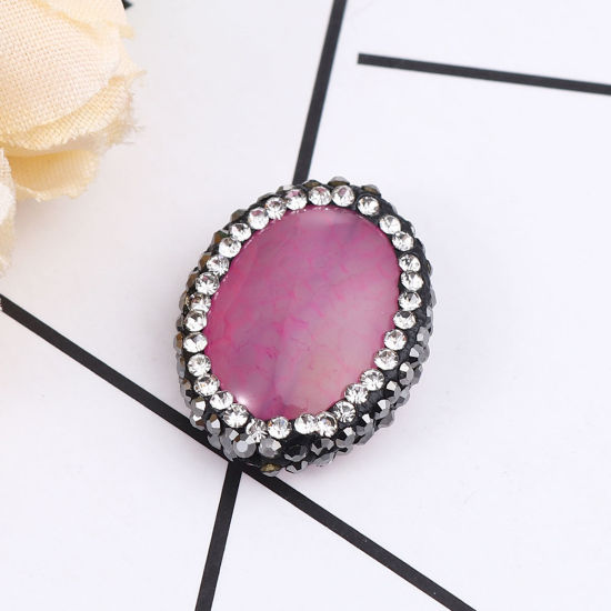 Picture of (Grade A) Agate ( Natural ) Beads Oval Fuchsia Black & Clear Rhinestone About 21mm x 17mm, Hole: Approx 1.4mm, 1 Piece