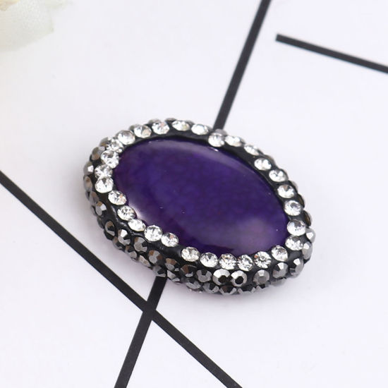Image de (Classement A) Perles en Agate ( Naturel ) Ovale Violet à Strass Noir & Transparent 21mm x 17mm, Trou: env. 1.4mm, 1 Pièce