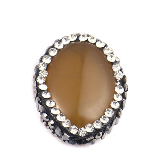 Image de (Classement A) Perles en Agate ( Naturel ) Ovale Kaki à Strass Noir & Transparent 21mm x 17mm, Trou: env. 1.4mm, 1 Pièce