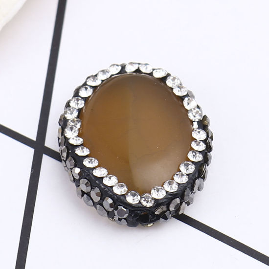 Image de (Classement A) Perles en Agate ( Naturel ) Ovale Kaki à Strass Noir & Transparent 21mm x 17mm, Trou: env. 1.4mm, 1 Pièce