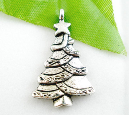 Imagen de Colgantes Aleación del Metal Del Zinc de Árbol de Navidad Plata Antigua Rhinestone 29.0mm x 17.0mm, 20 Unidades 