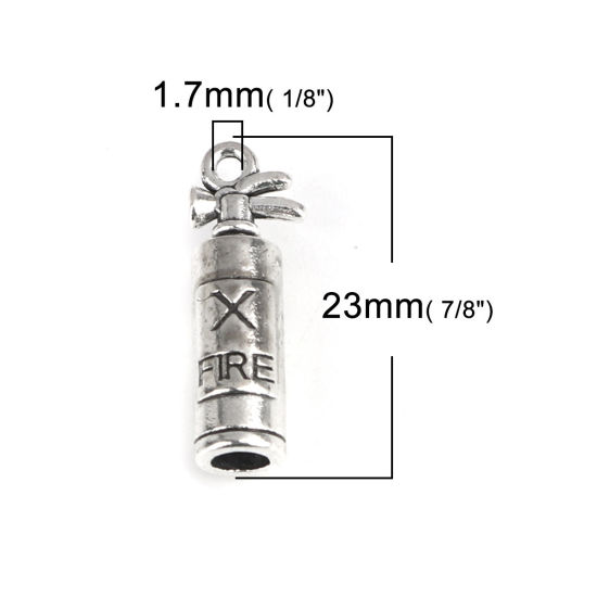 Picture of Zinc Based Alloy Charms Fire Extinguisher Antique Silver Color Message " FIRE " 23mm x 8mm, 30 PCs