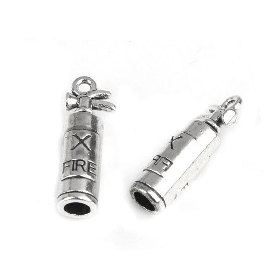 Picture of Zinc Based Alloy Charms Fire Extinguisher Antique Silver Color Message " FIRE " 23mm x 8mm, 30 PCs