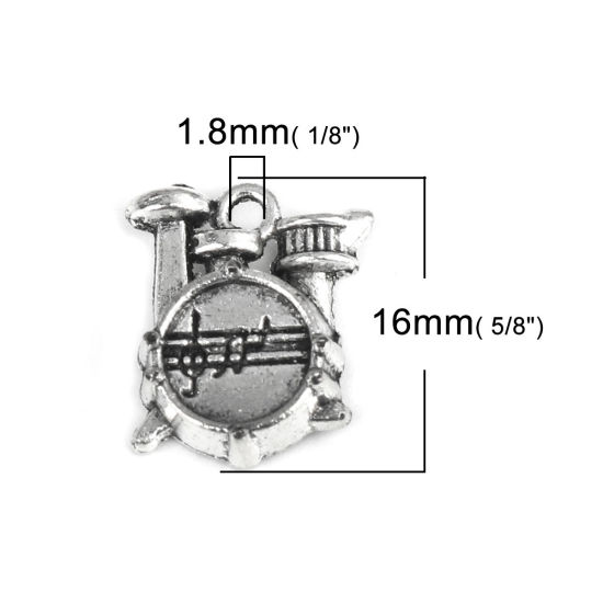 Picture of Zinc Based Alloy Music Charms Musical Instrument Drum Kit Antique Silver Color 16mm x 14mm, 30 PCs