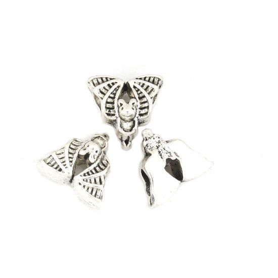 Picture of Zinc Based Alloy Beads Halloween Bat Animal Antique Silver Color About 13mm x 12mm, Hole: Approx 4.5mm, 40 PCs