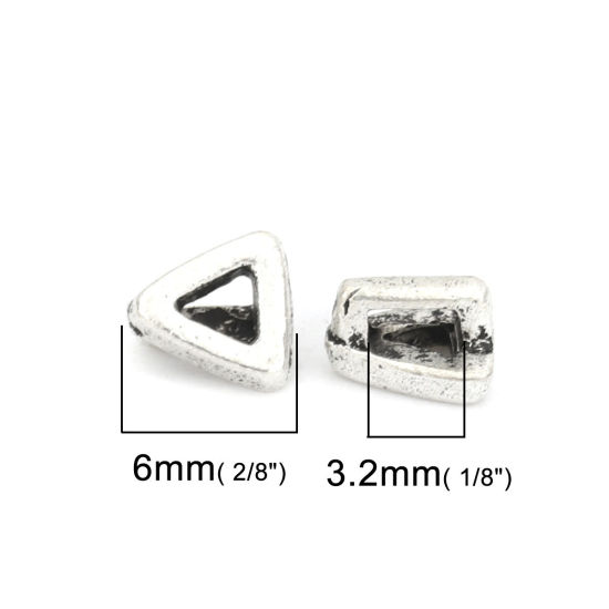 Picture of Zinc Based Alloy Slide Beads Triangle Antique Silver Color Hollow About 6mm x 6mm, Hole:Approx 3.2mm x1.2mm 50 PCs