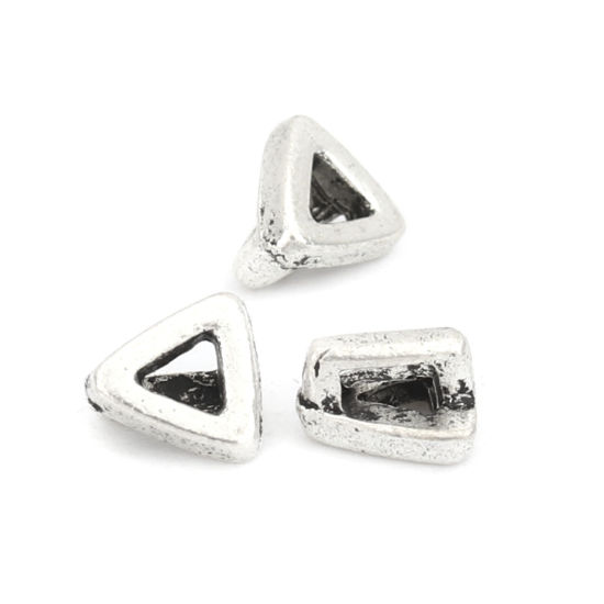 Picture of Zinc Based Alloy Slide Beads Triangle Antique Silver Color Hollow About 6mm x 6mm, Hole:Approx 3.2mm x1.2mm 50 PCs