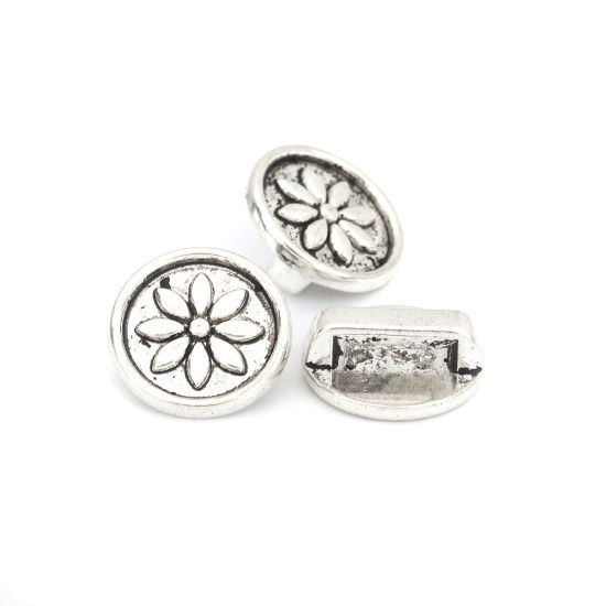 Picture of Zinc Based Alloy Slide Beads Round Carved Pattern Antique Silver Color About 15mm Dia, Hole:Approx 10.2mm x 2.4mm 40 PCs