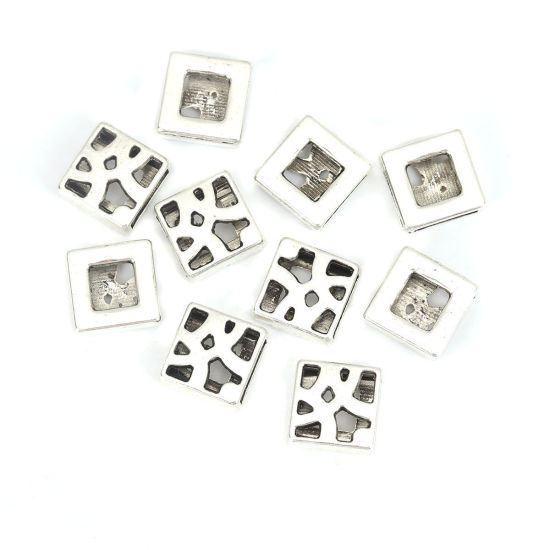 Picture of Zinc Based Alloy Slide Beads Square Filigree Antique Silver Color About 13mm x 13mm, Hole:Approx 10.4mm x 2.1mm 40 PCs